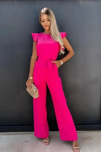 Ruffle Sleeve Belted Jumpsuit for Women - Elegant Casual Outfit