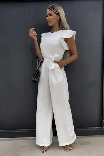Ruffle Sleeve Belted Jumpsuit for Women - Elegant Casual Outfit