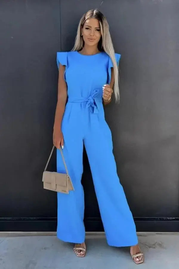 Ruffle Sleeve Belted Jumpsuit for Women - Elegant Casual Outfit