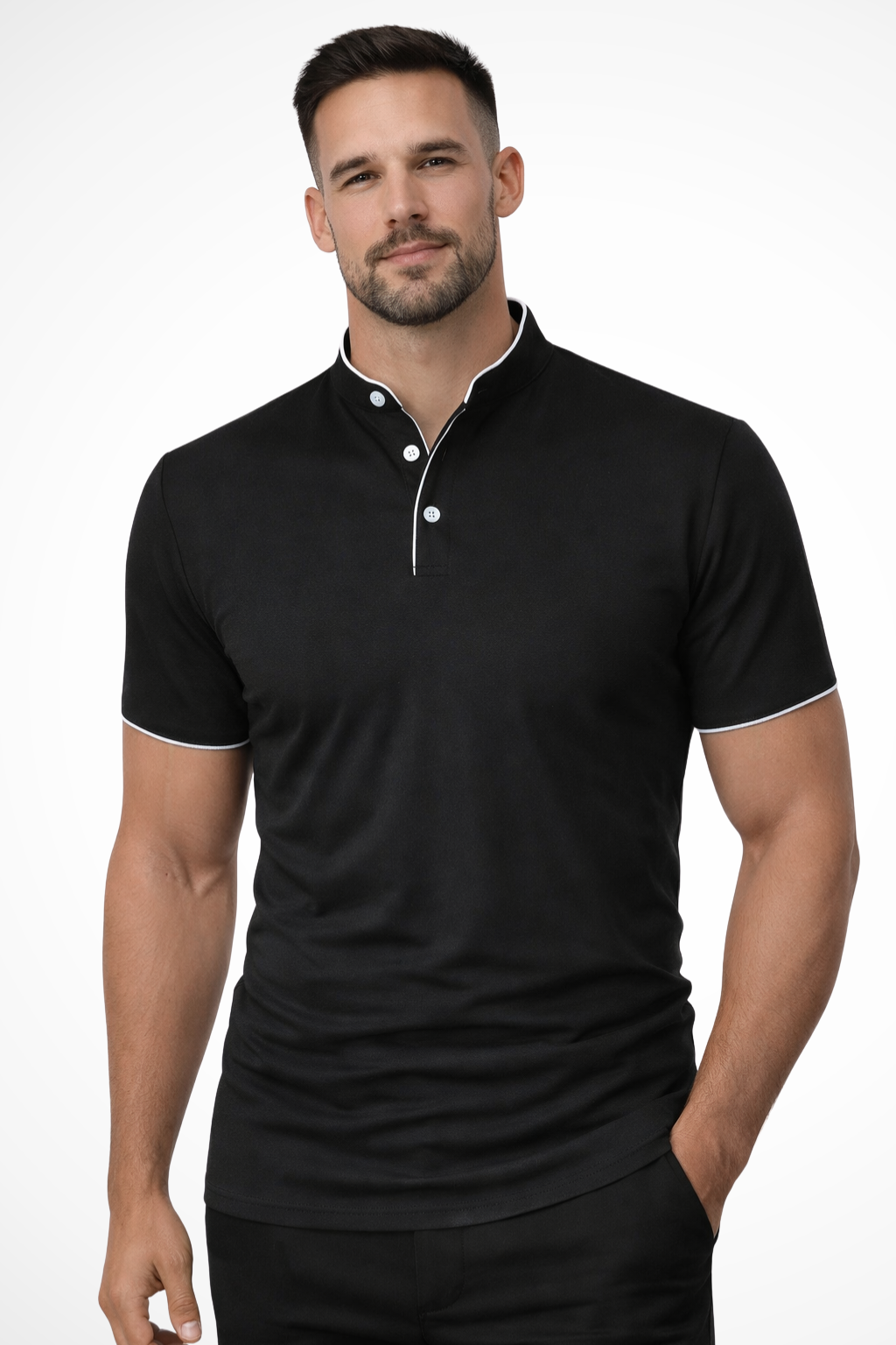 Collarless Short Sleeve Polo Shirt for Men - Lightweight Cotton Blend - Casual Wear - Available in Multiple Colors