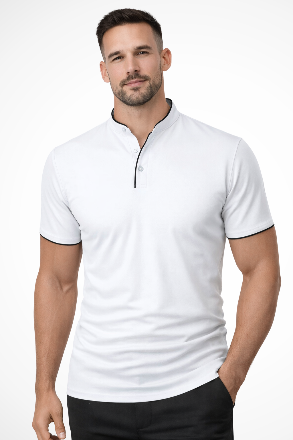 Collarless Short Sleeve Polo Shirt for Men - Lightweight Cotton Blend - Casual Wear - Available in Multiple Colors