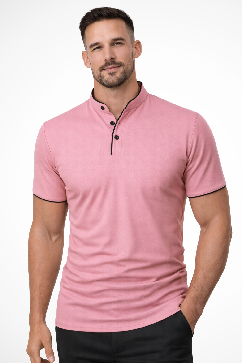 Collarless Short Sleeve Polo Shirt for Men - Lightweight Cotton Blend - Casual Wear - Available in Multiple Colors