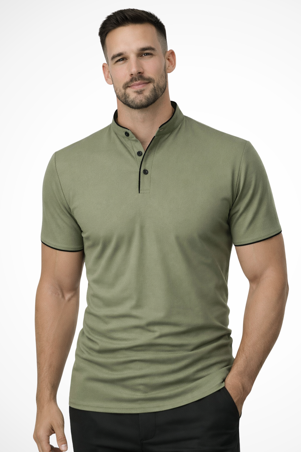 Collarless Short Sleeve Polo Shirt for Men - Lightweight Cotton Blend - Casual Wear - Available in Multiple Colors