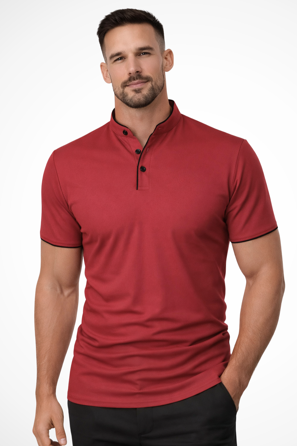 Collarless Short Sleeve Polo Shirt for Men - Lightweight Cotton Blend - Casual Wear - Available in Multiple Colors