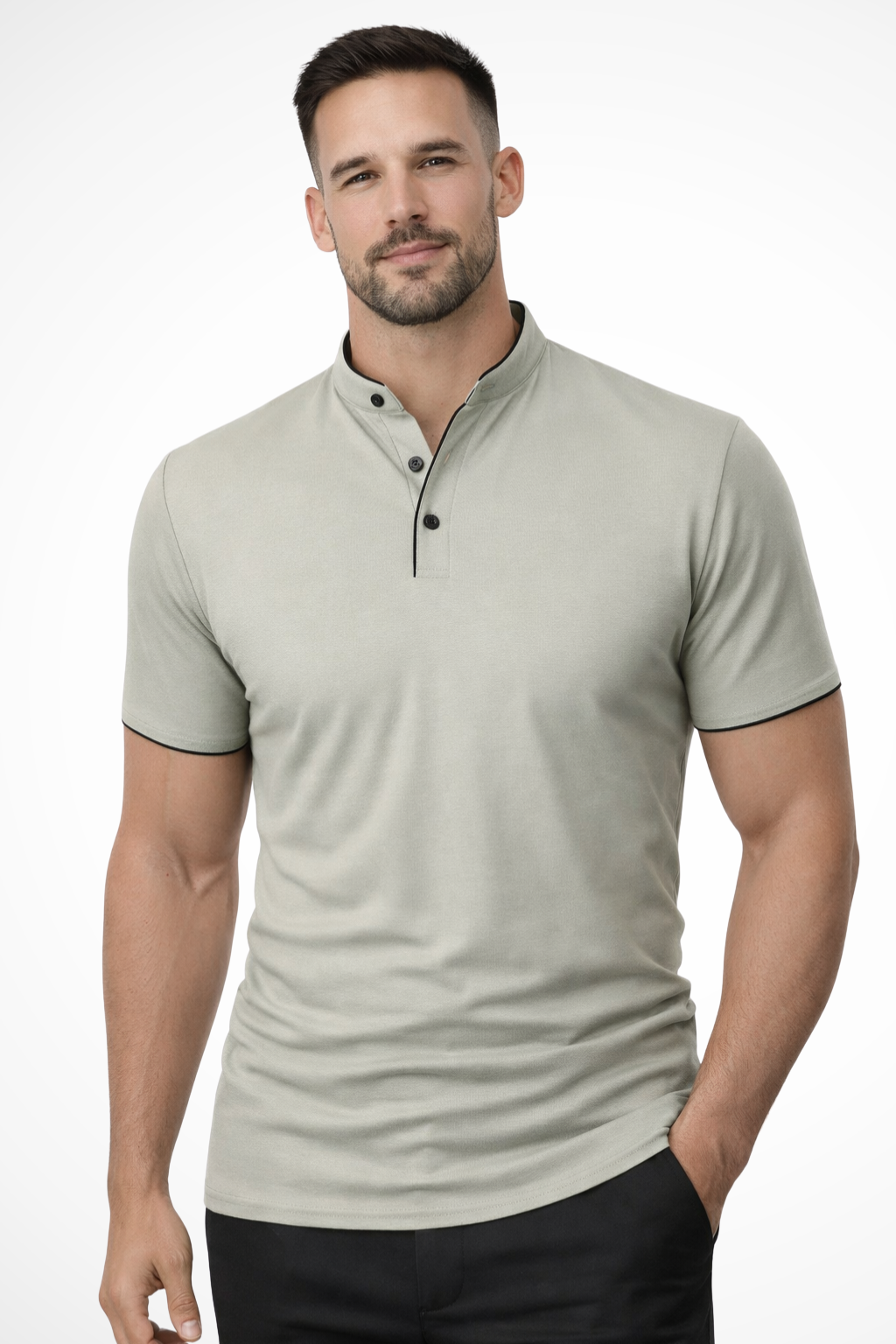 Collarless Short Sleeve Polo Shirt for Men - Lightweight Cotton Blend - Casual Wear - Available in Multiple Colors