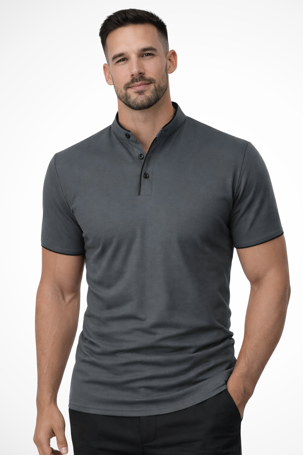 Collarless Short Sleeve Polo Shirt for Men - Lightweight Cotton Blend - Casual Wear - Available in Multiple Colors