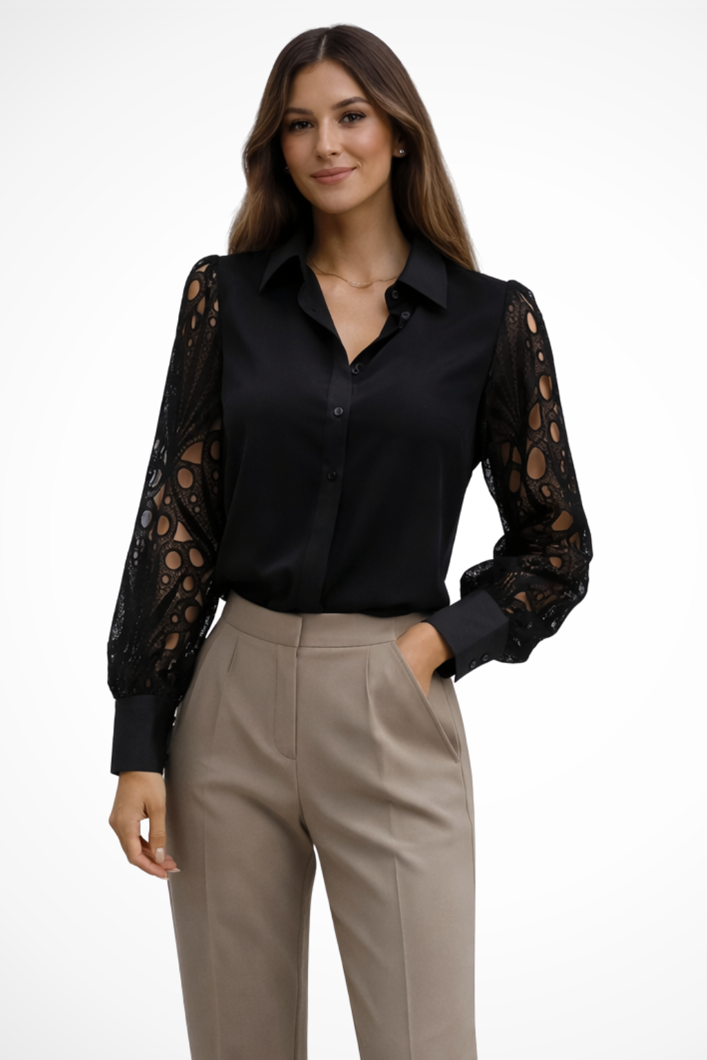Lace Sleeve Long Sleeve Blouse for Women - Button Down Design - Elegant Casual Top for Work or Everyday Wear