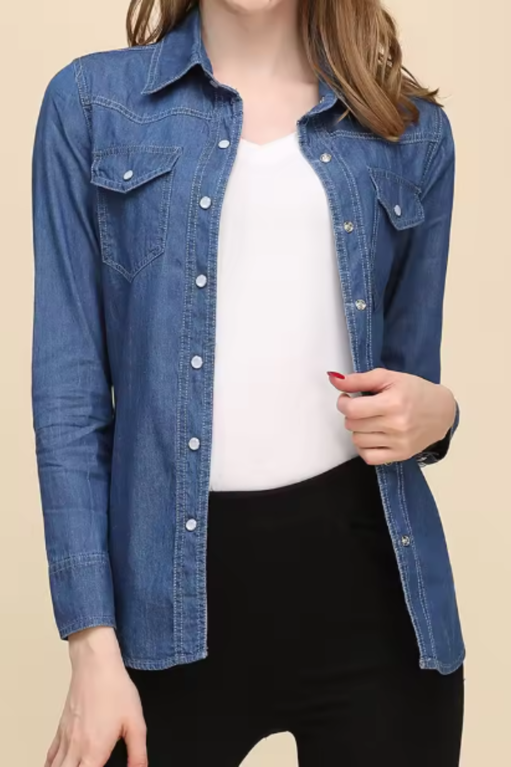 Long Sleeve Denim Shirt for Women | Button Down Style | Casual Wear | Versatile Everyday Top
