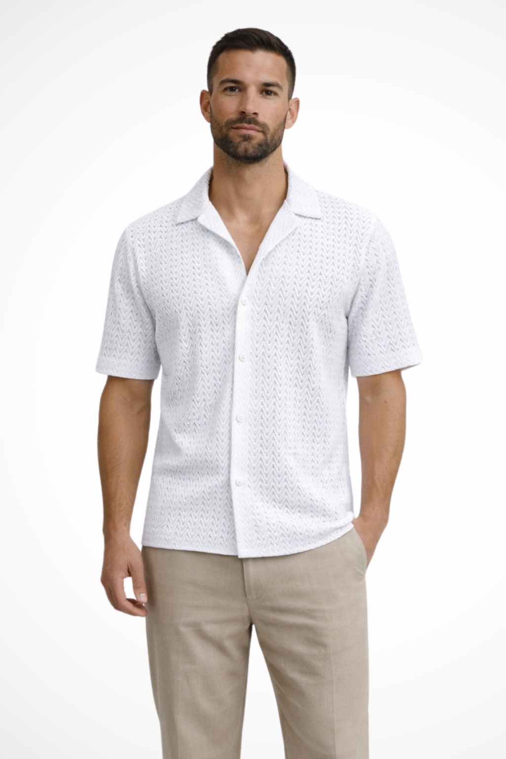 Men's Chevron Textured Short Sleeve Summer Shirt - Open Collar, Lightweight Casual Wear for Warm Weather