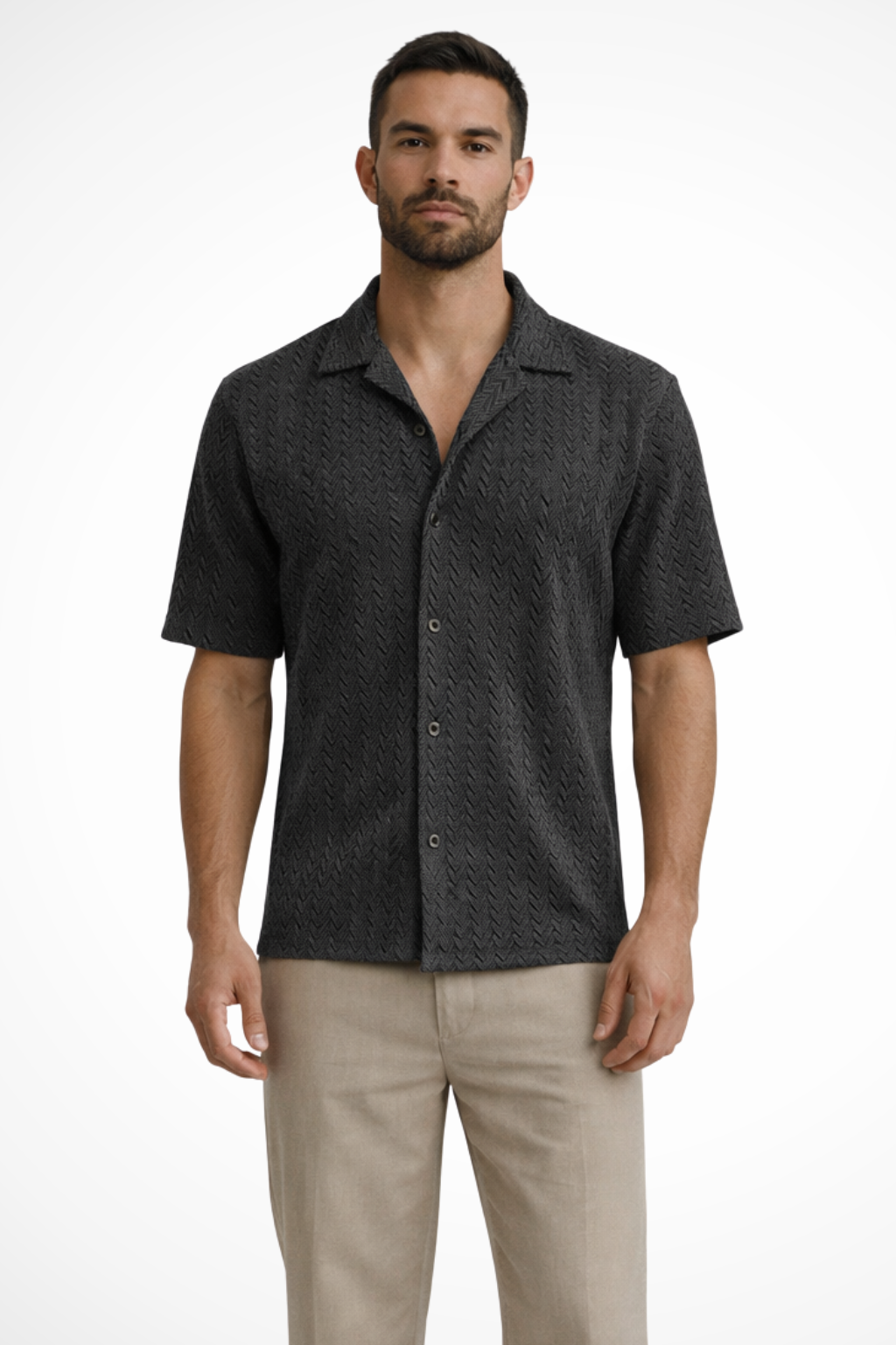 Men's Chevron Textured Short Sleeve Summer Shirt - Open Collar, Lightweight Casual Wear for Warm Weather