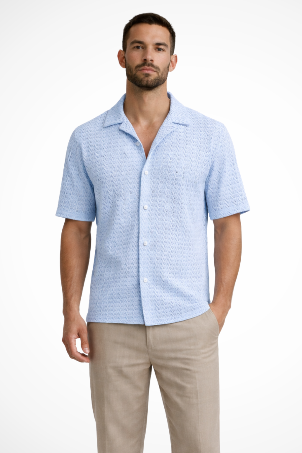 Men's Chevron Textured Short Sleeve Summer Shirt - Open Collar, Lightweight Casual Wear for Warm Weather