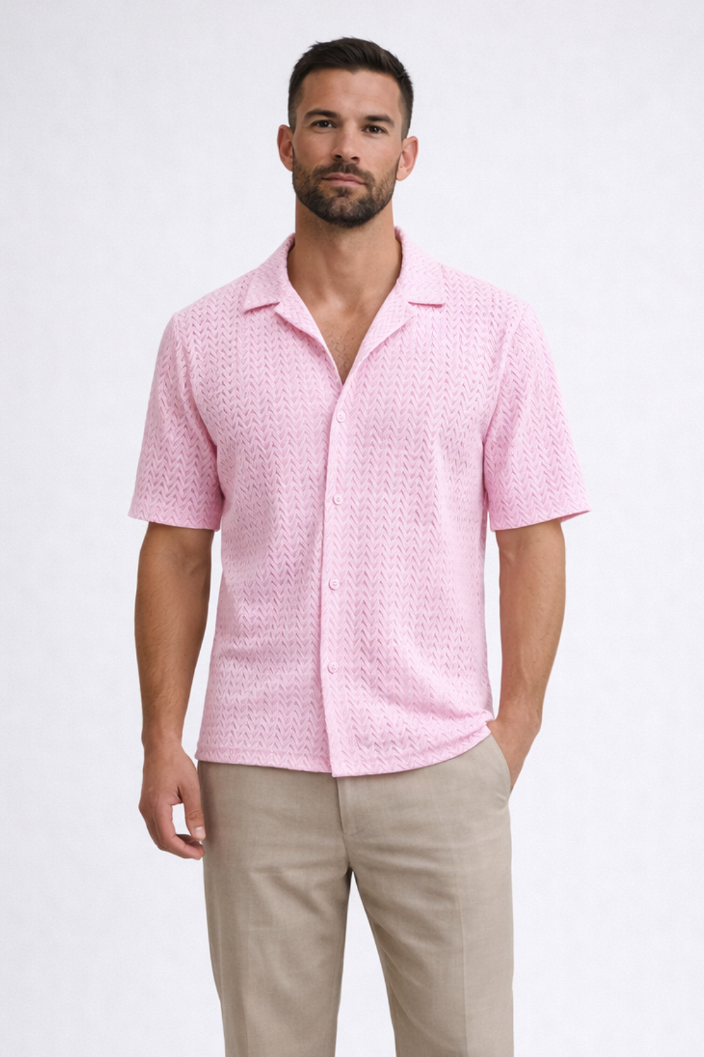 Men's Chevron Textured Short Sleeve Summer Shirt - Open Collar, Lightweight Casual Wear for Warm Weather