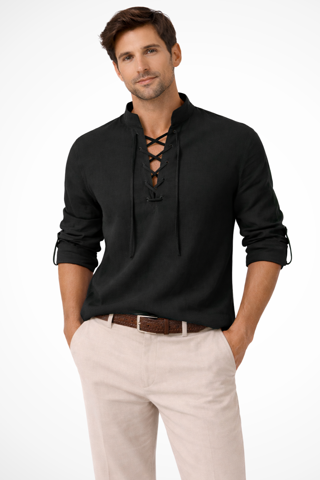Men's Linen Long Sleeve Casual Shirt | Lace-Up Design for Everyday Wear