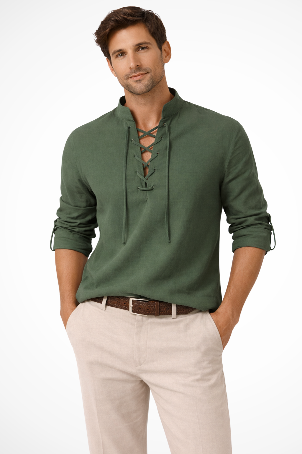 Men's Linen Long Sleeve Casual Shirt | Lace-Up Design for Everyday Wear