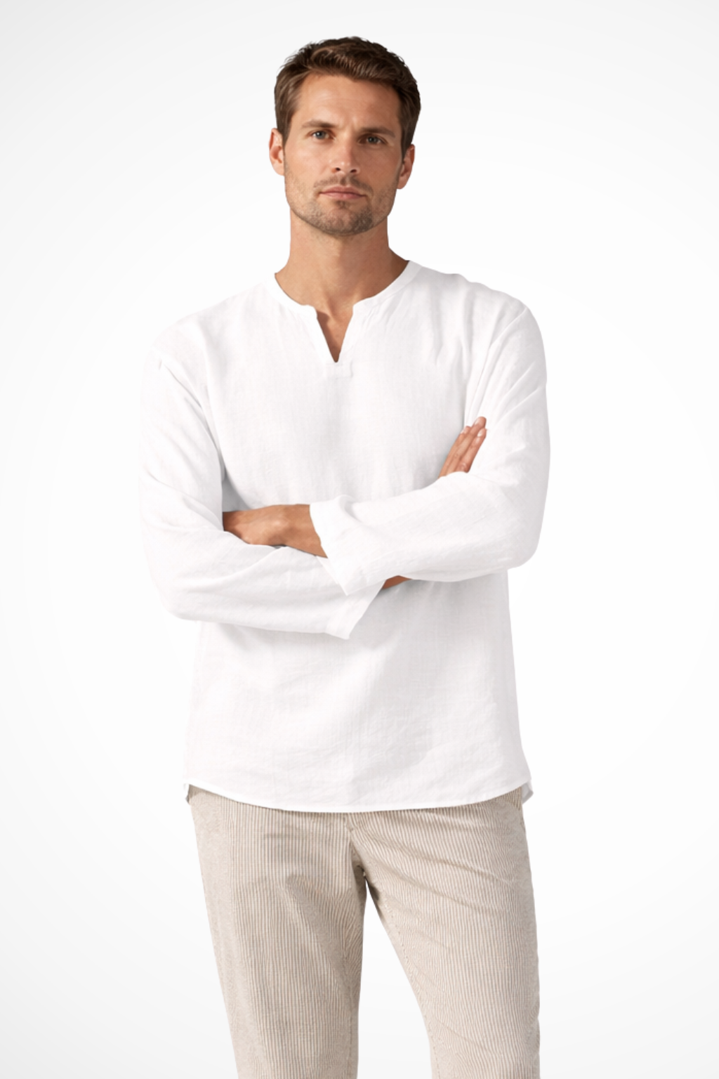 Men's Linen V Neck Long Sleeve Casual Shirt - Lightweight, Breathable Fabric for Everyday Wear