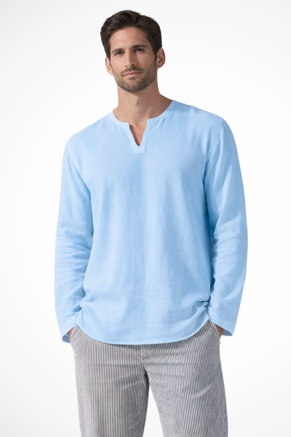 Men's Linen V Neck Long Sleeve Casual Shirt - Lightweight, Breathable Fabric for Everyday Wear
