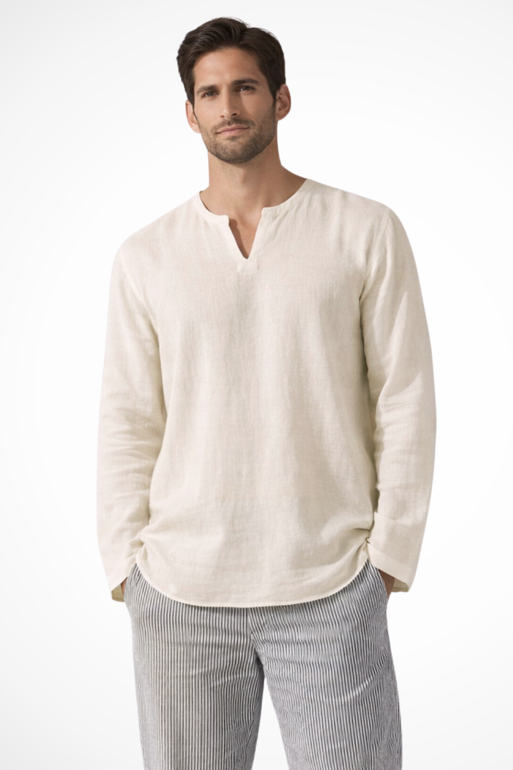 Men's Linen V Neck Long Sleeve Casual Shirt - Lightweight, Breathable Fabric for Everyday Wear