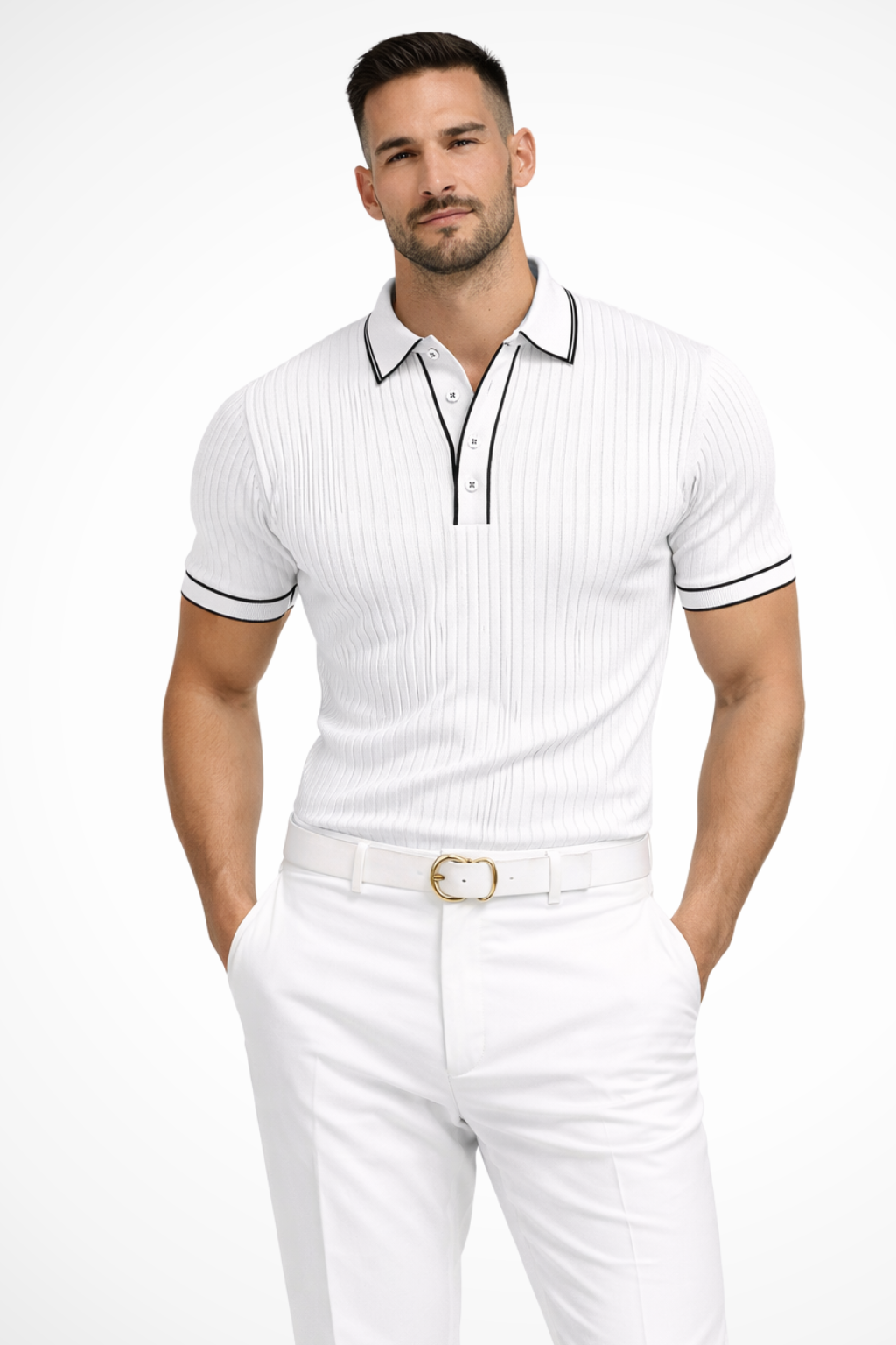 Men's Ribbed Knit Polo Shirt with Contrast Collar - Casual Wear, Comfortable Fit, Versatile Style