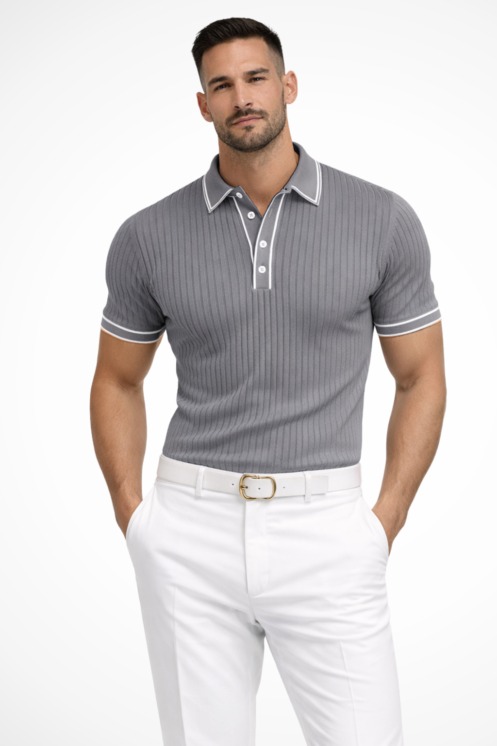 Men's Ribbed Knit Polo Shirt with Contrast Collar - Casual Wear, Comfortable Fit, Versatile Style