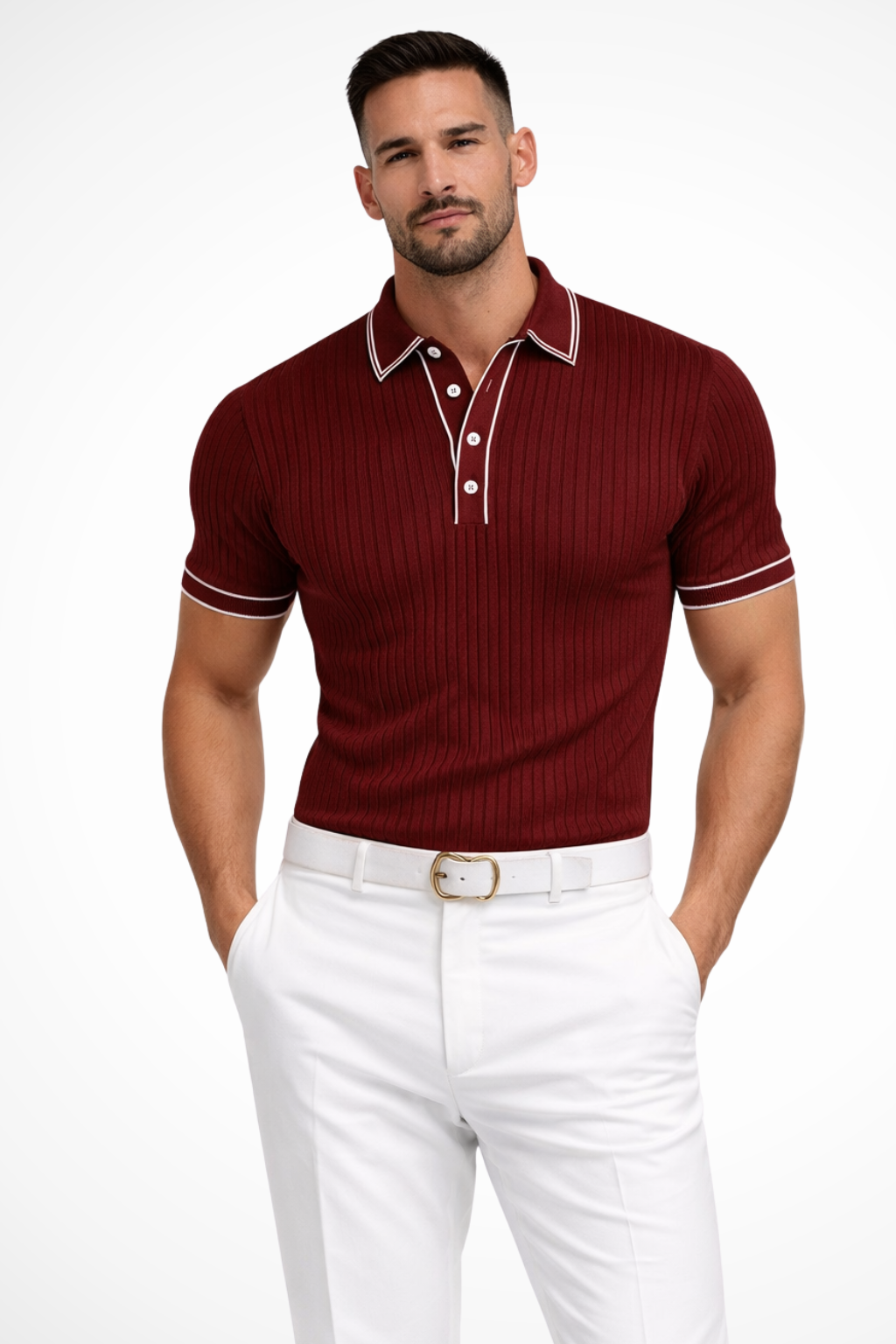 Men's Ribbed Knit Polo Shirt with Contrast Collar - Casual Wear, Comfortable Fit, Versatile Style