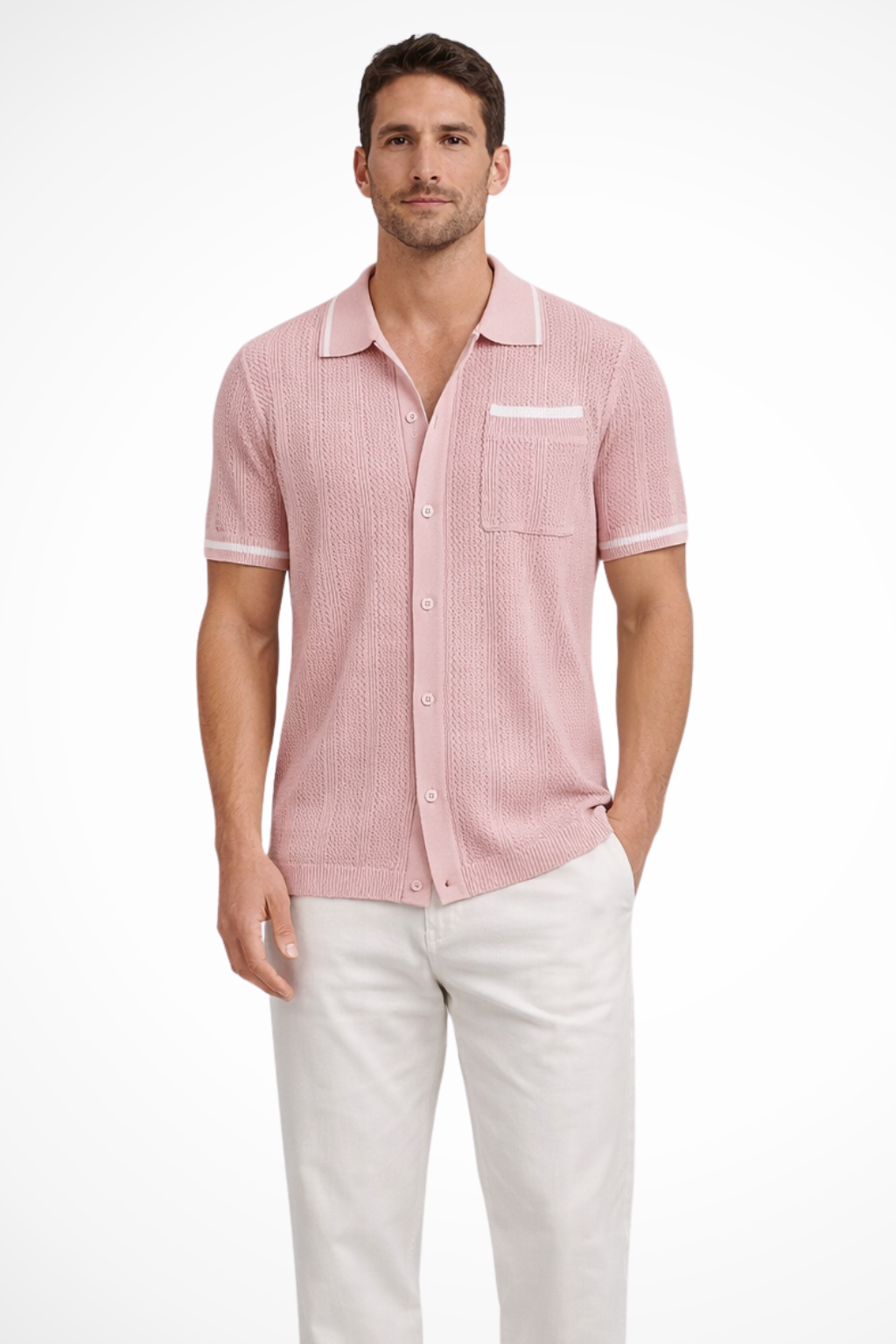Men's Short Sleeve Camp Collar Knit Shirt - Openwork Design with Contrast Trim for Casual Wear