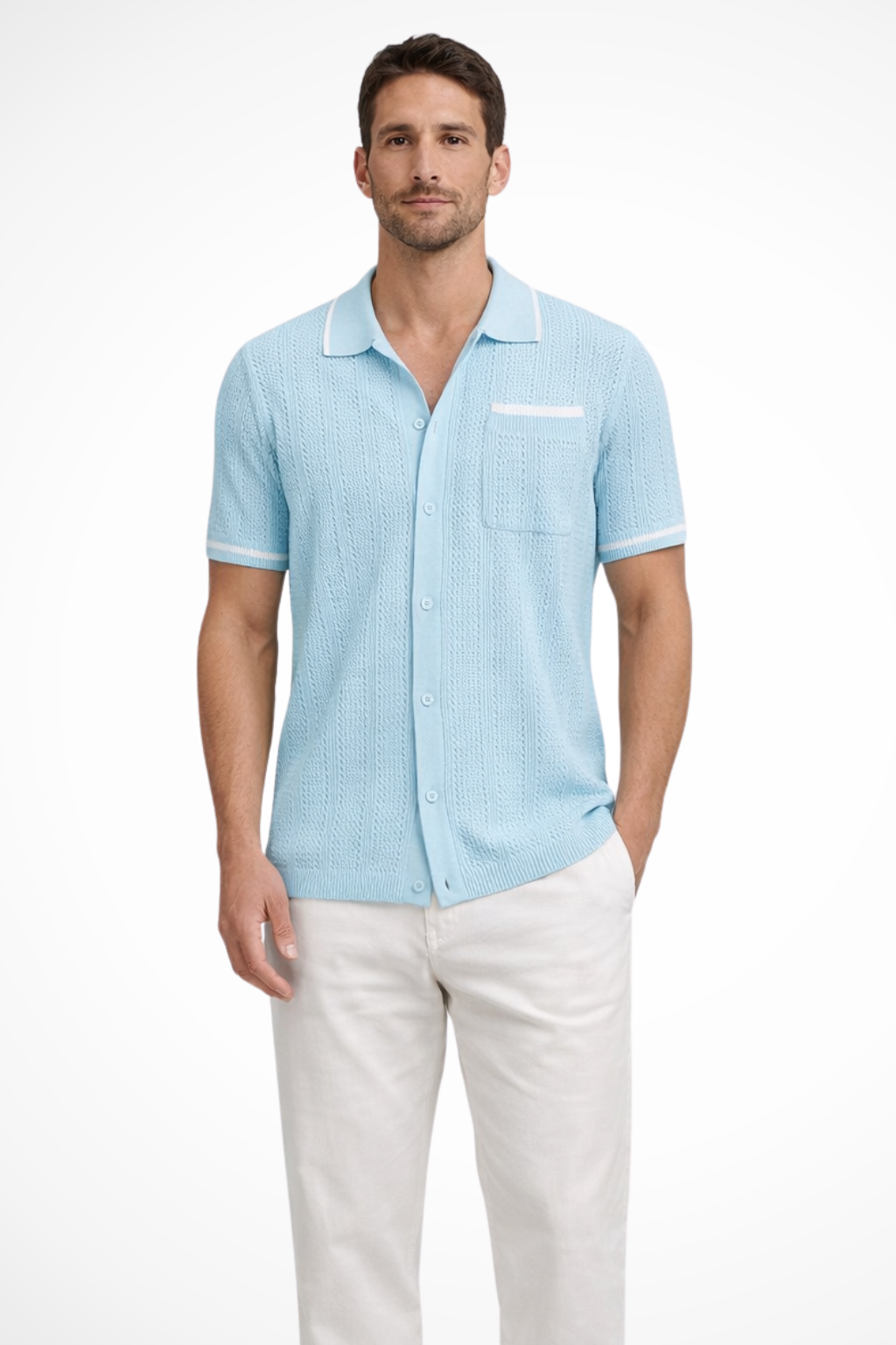 Men's Short Sleeve Camp Collar Knit Shirt - Openwork Design with Contrast Trim for Casual Wear