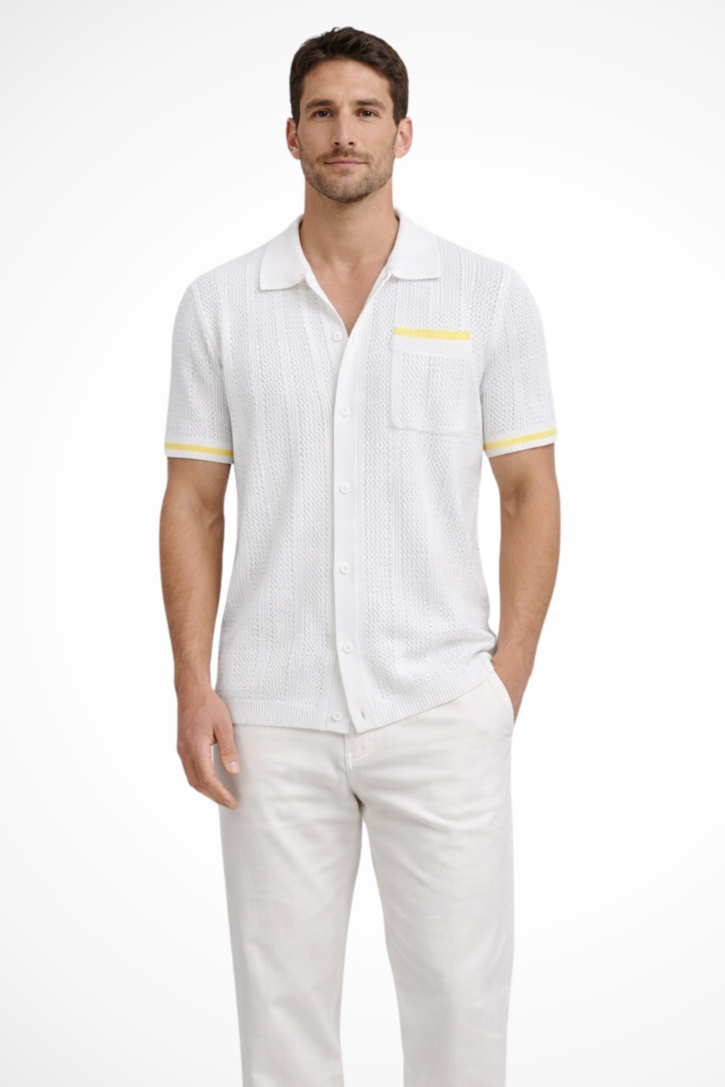 Men's Short Sleeve Camp Collar Knit Shirt - Openwork Design with Contrast Trim for Casual Wear