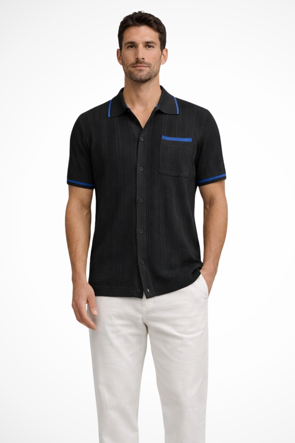 Men's Short Sleeve Camp Collar Knit Shirt - Openwork Design with Contrast Trim for Casual Wear