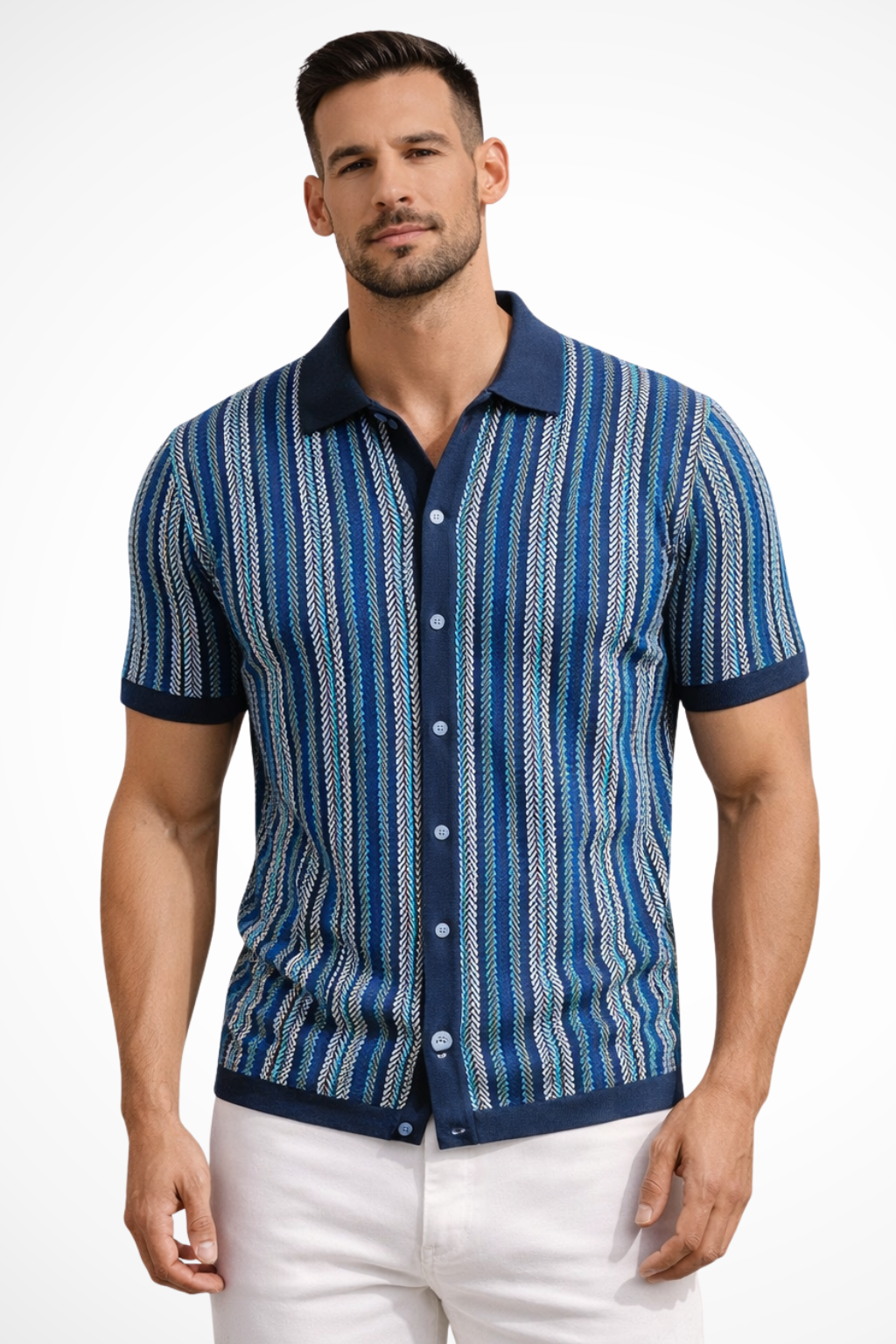 Men's Striped Short Sleeve Polo Shirt - Comfortable Cotton Blend Casual Wear for Everyday Use