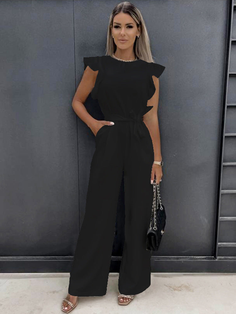 Ruffle Sleeve Belted Jumpsuit for Women - Elegant Casual Outfit