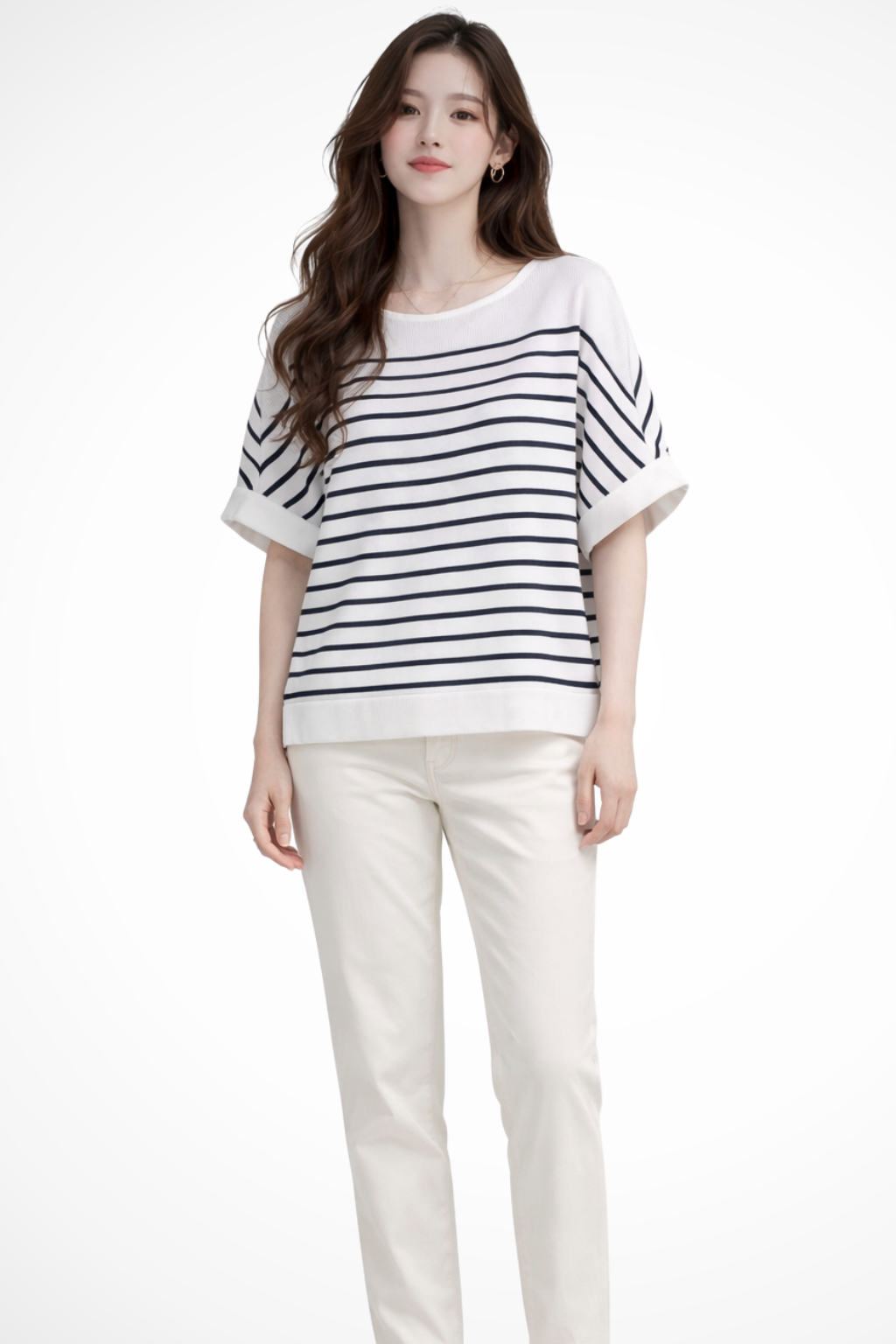 Oversized Striped Half Sleeve Shirt for Women - Round Neck Cotton Blend Casual Top
