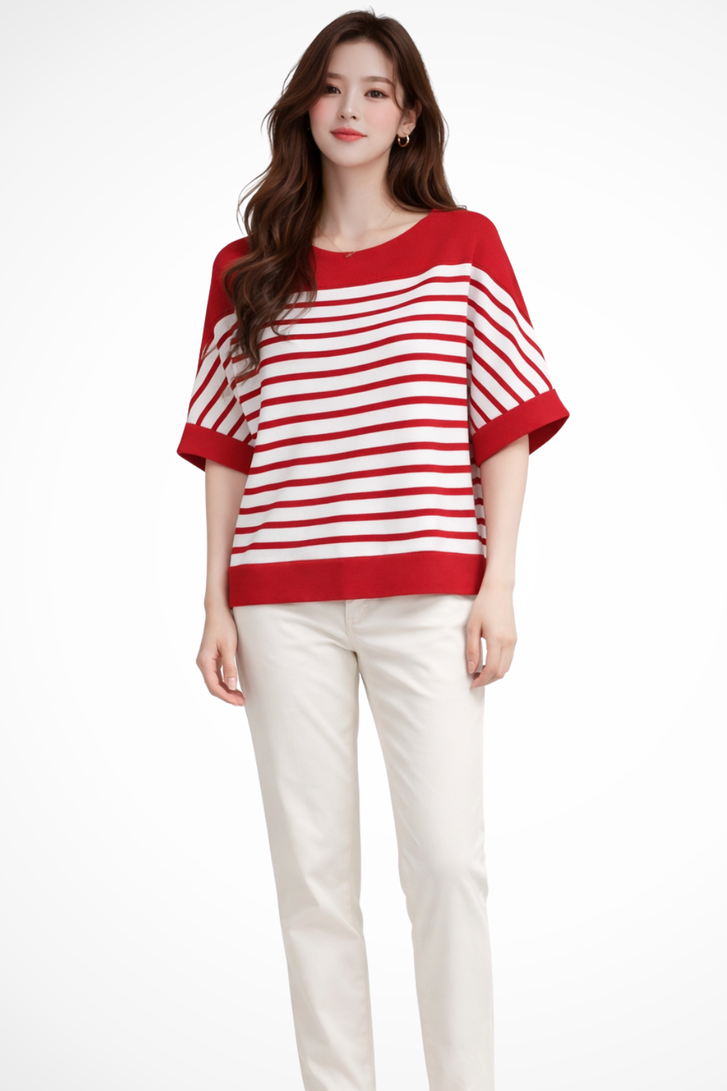 Oversized Striped Half Sleeve Shirt for Women - Round Neck Cotton Blend Casual Top