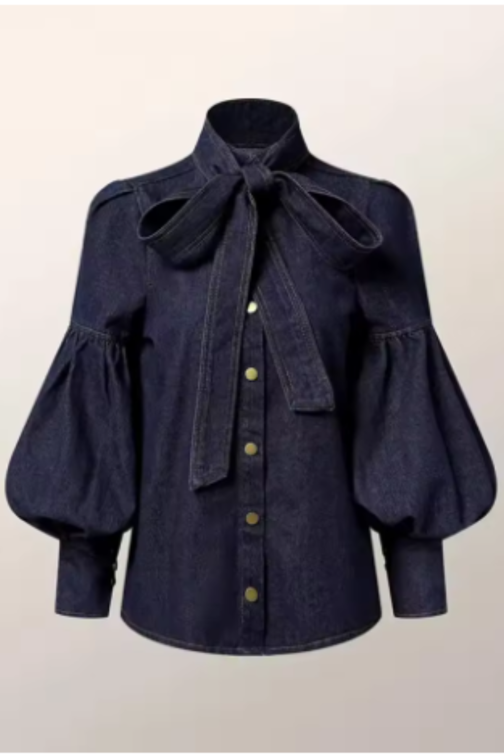 Puff Sleeve High Neck Denim Shirt for Women with Bow Detail - Casual Fashion Top