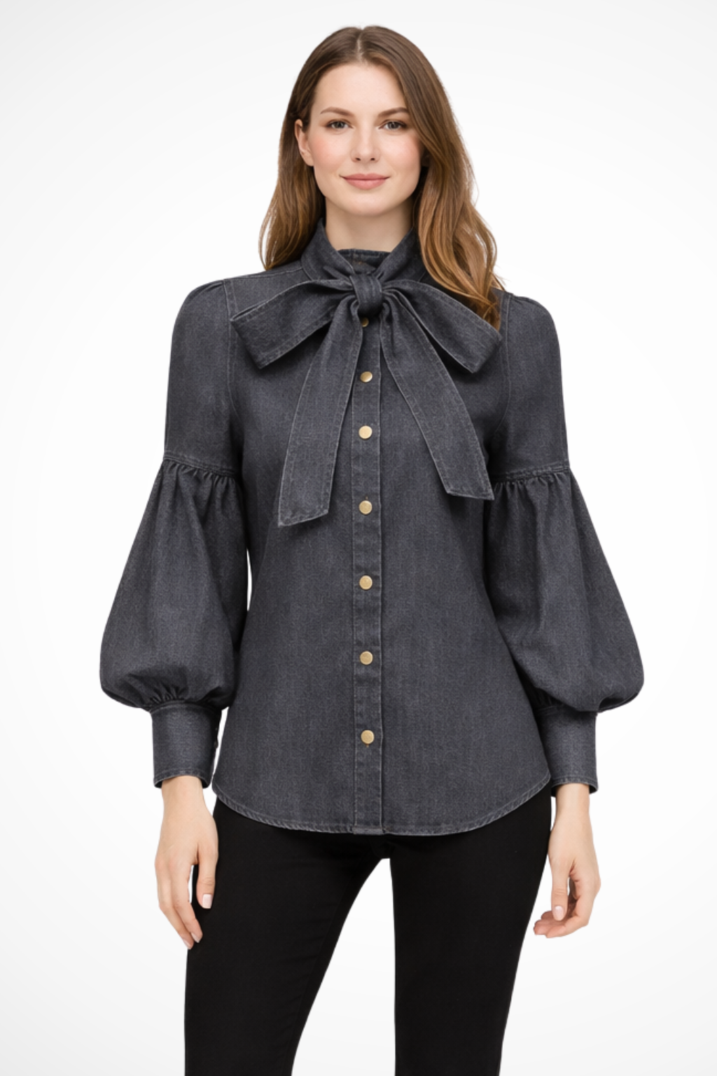 Puff Sleeve High Neck Denim Shirt for Women with Bow Detail - Casual Fashion Top