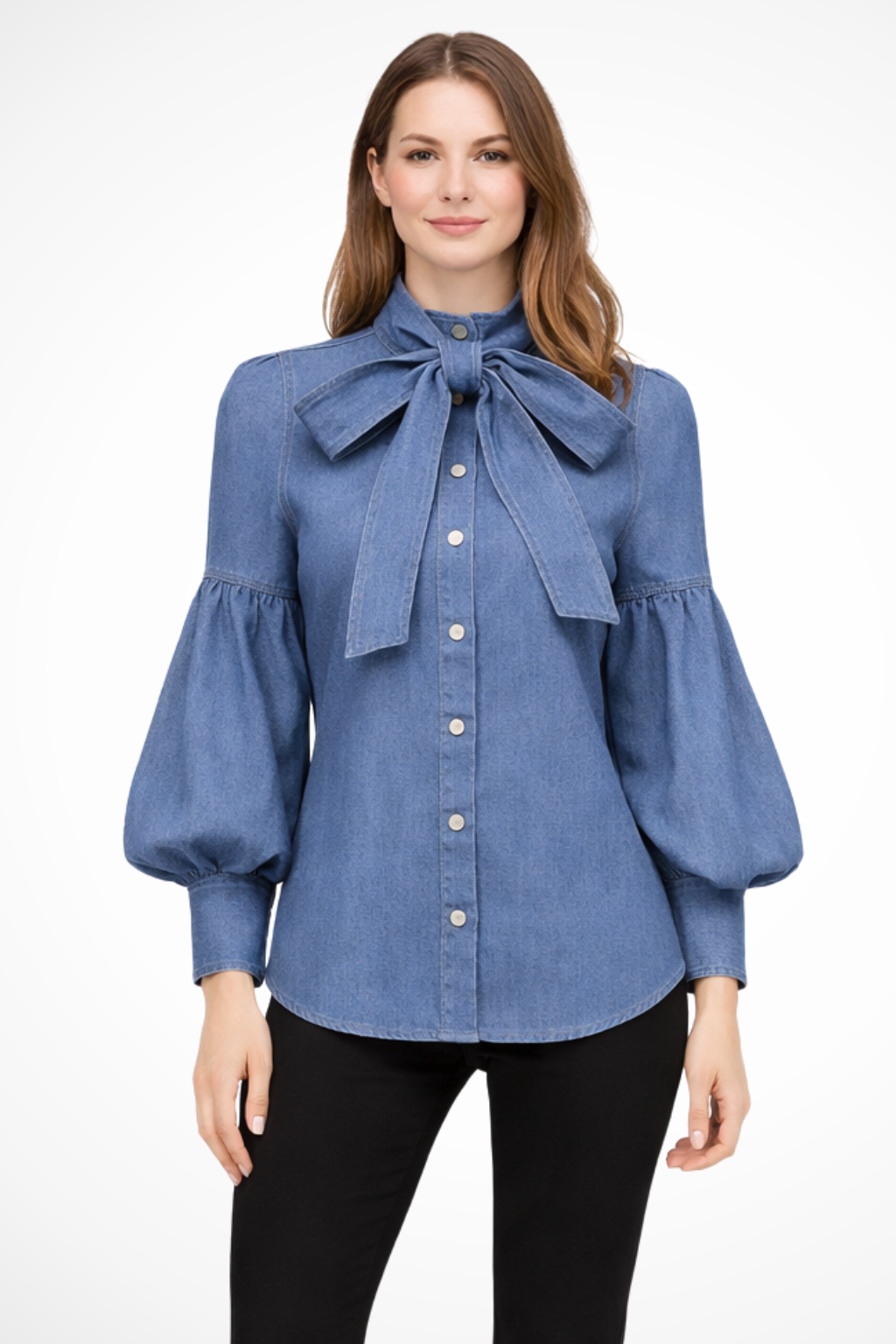 Puff Sleeve High Neck Denim Shirt for Women with Bow Detail - Casual Fashion Top
