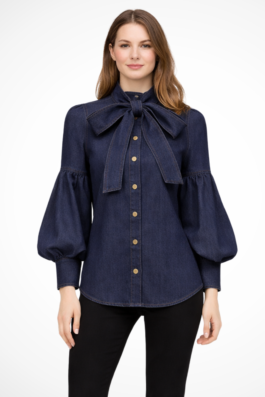 Puff Sleeve High Neck Denim Shirt for Women with Bow Detail - Casual Fashion Top