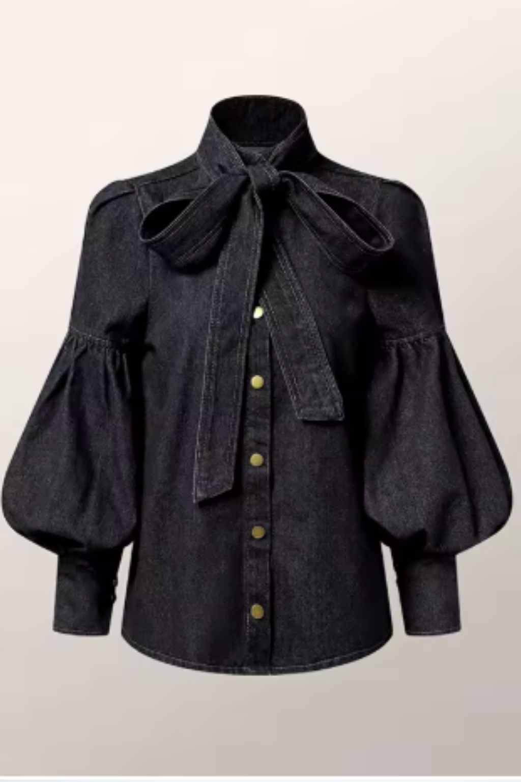 Puff Sleeve High Neck Denim Shirt with Bow Detail for Women - Casual Chic Top for Everyday Wear
