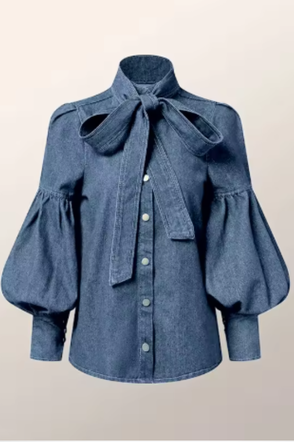 Puff Sleeve High Neck Denim Shirt with Bow Detail for Women - Casual Chic Top for Everyday Wear