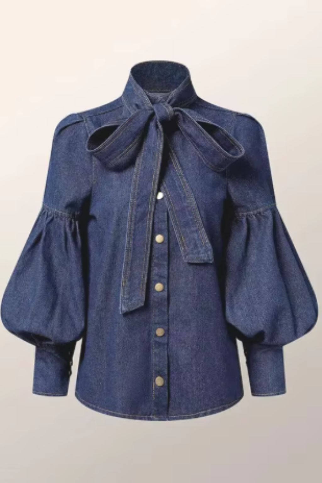 Puff Sleeve High Neck Denim Shirt with Bow Detail for Women - Casual Chic Top for Everyday Wear