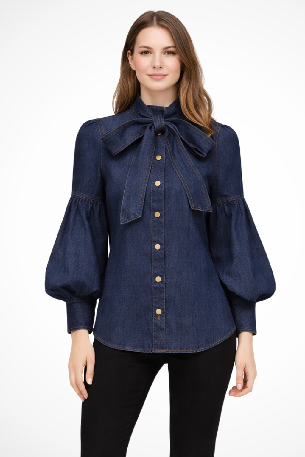 Puff Sleeve High Neck Denim Shirt with Bow Detail for Women - Casual Chic Top for Everyday Wear