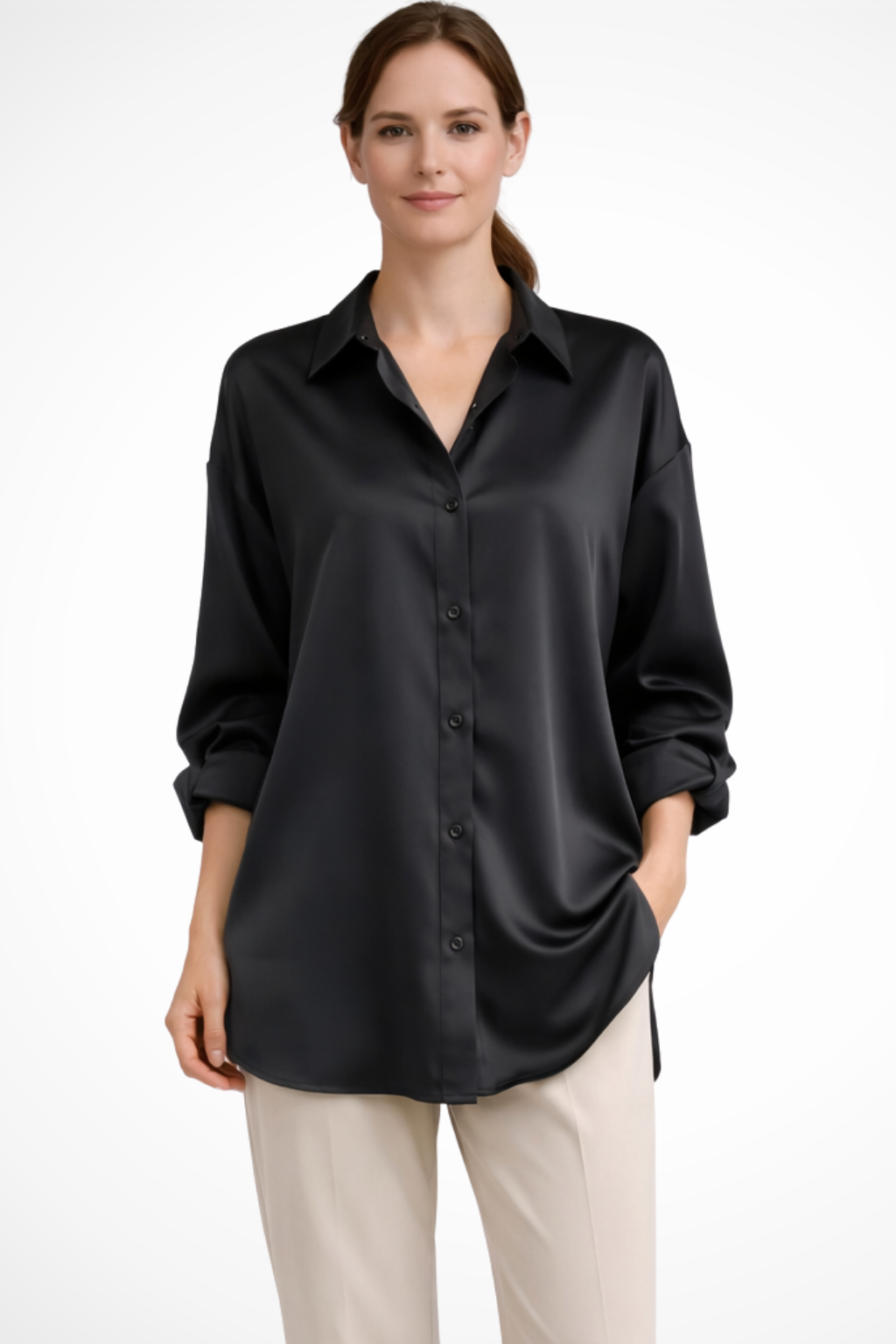 Relaxed Fit Long Sleeve Button Down Blouse for Women - Lightweight Cotton, Casual Wear, Versatile Style