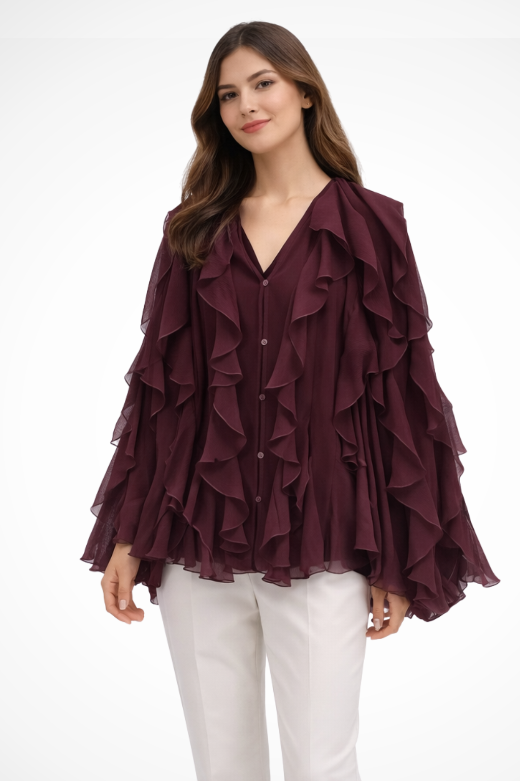 Ruffled V Neck Long Sleeve Blouse for Women - Lightweight Casual Top for Everyday Wear