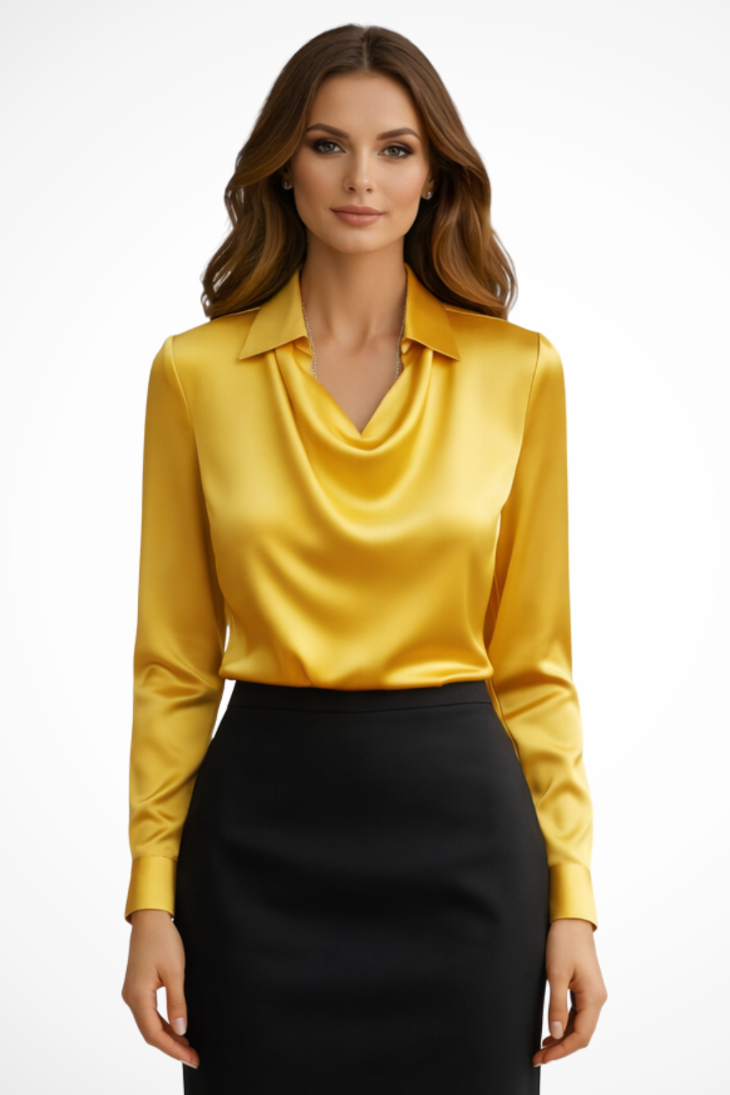 Satin Long Sleeve Blouse for Women | Draped Neck Design | Elegant Top for Casual or Formal Wear