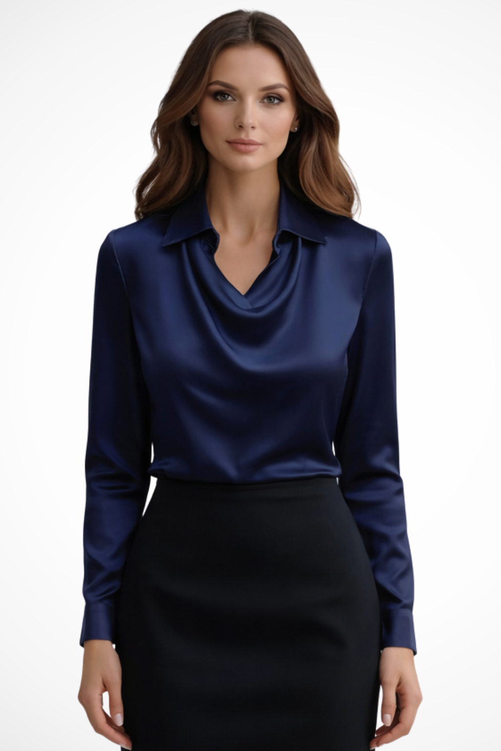 Satin Long Sleeve Blouse for Women | Draped Neck Design | Elegant Top for Casual or Formal Wear
