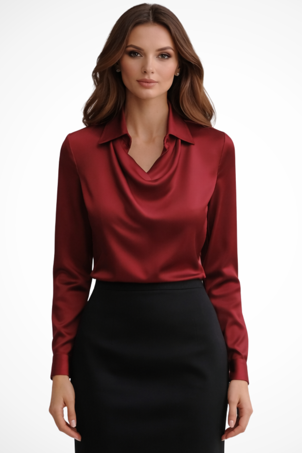 Satin Long Sleeve Blouse for Women | Draped Neck Design | Elegant Top for Casual or Formal Wear