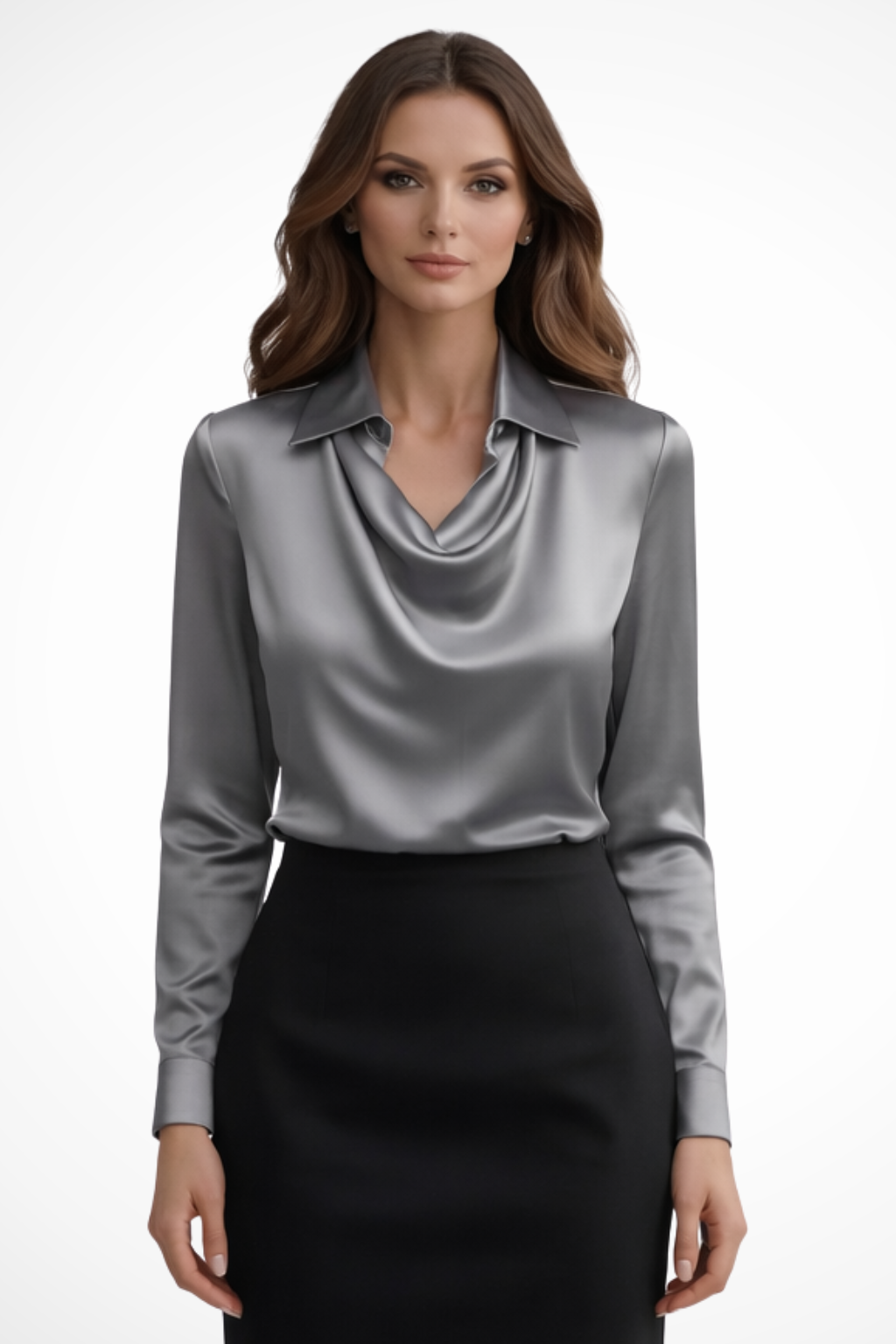 Satin Long Sleeve Blouse for Women | Draped Neck Design | Elegant Top for Casual or Formal Wear