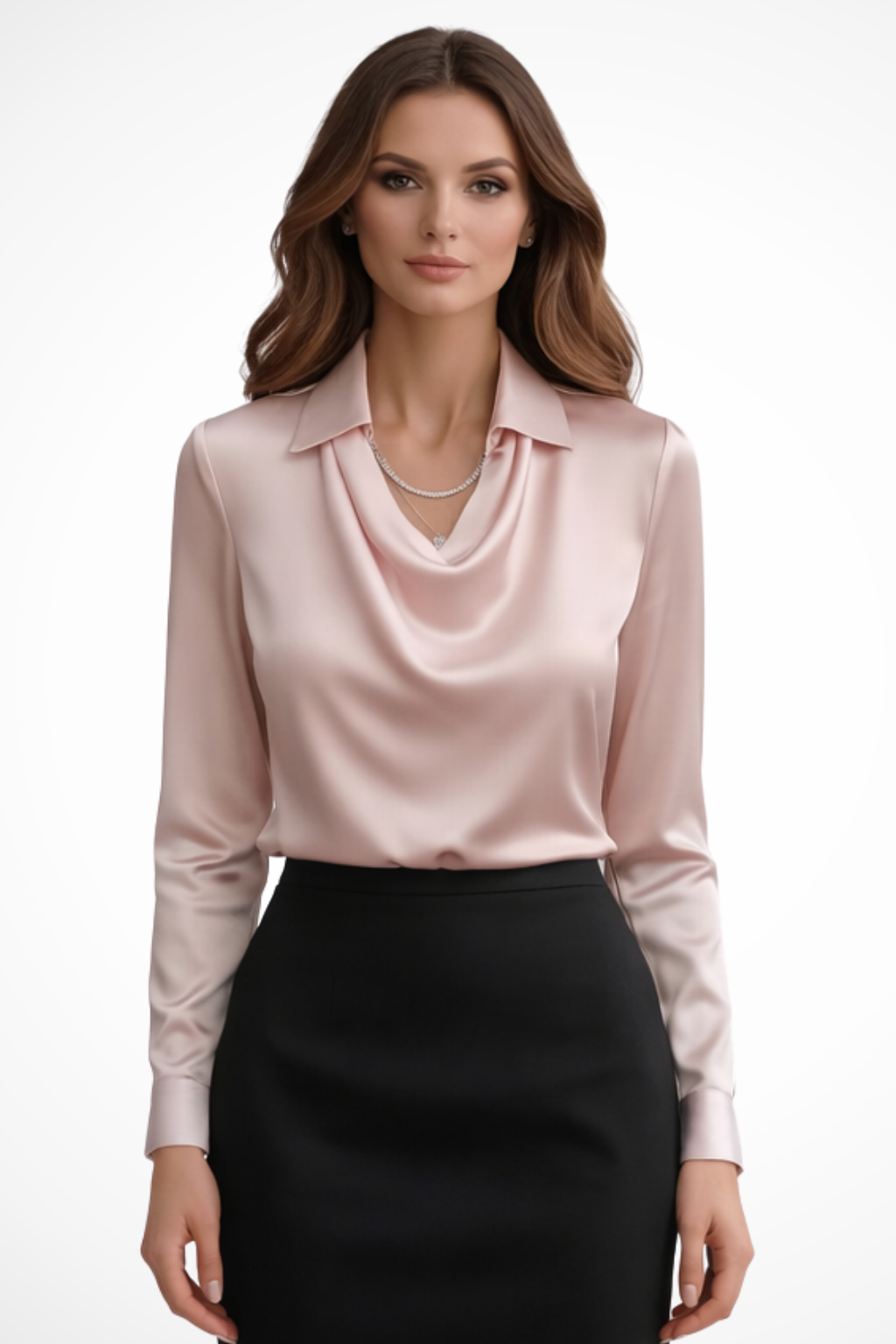 Satin Long Sleeve Blouse for Women | Draped Neck Design | Elegant Top for Casual or Formal Wear