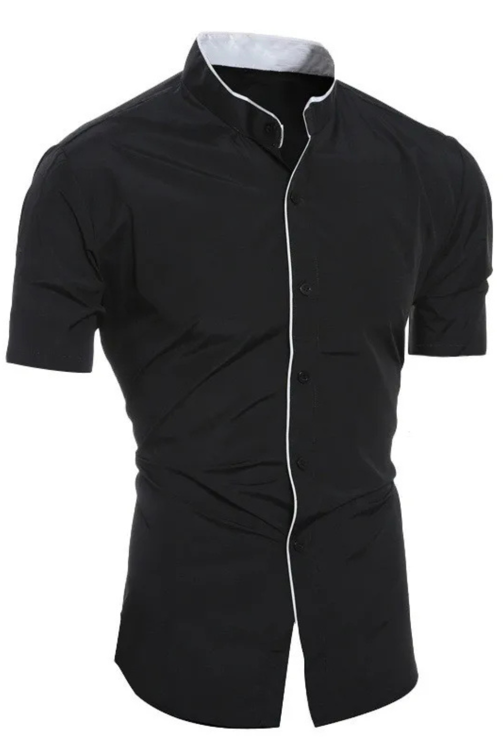 Slim Fit Short Sleeve Button-Up Shirt with Stand Collar for Men - Casual Wear, Lightweight Cotton Blend