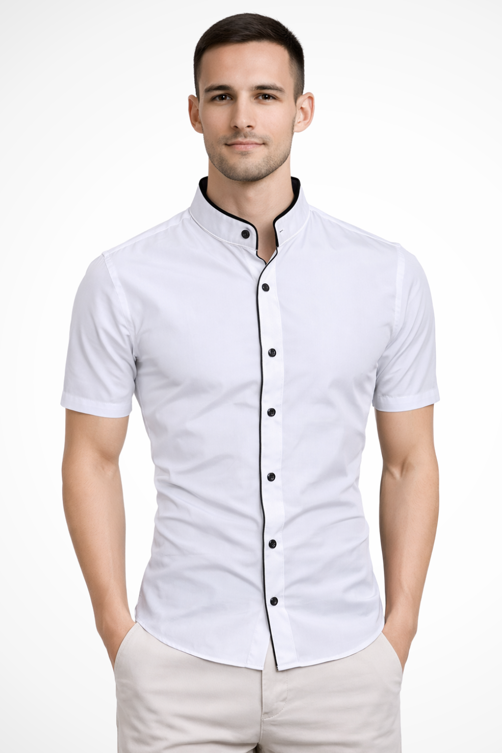 Slim Fit Short Sleeve Button-Up Shirt with Stand Collar for Men - Casual Wear, Lightweight Cotton Blend