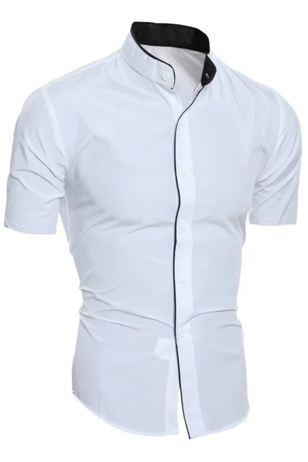 Slim Fit Short Sleeve Button-Up Shirt with Stand Collar for Men - Casual Wear, Lightweight Cotton Blend